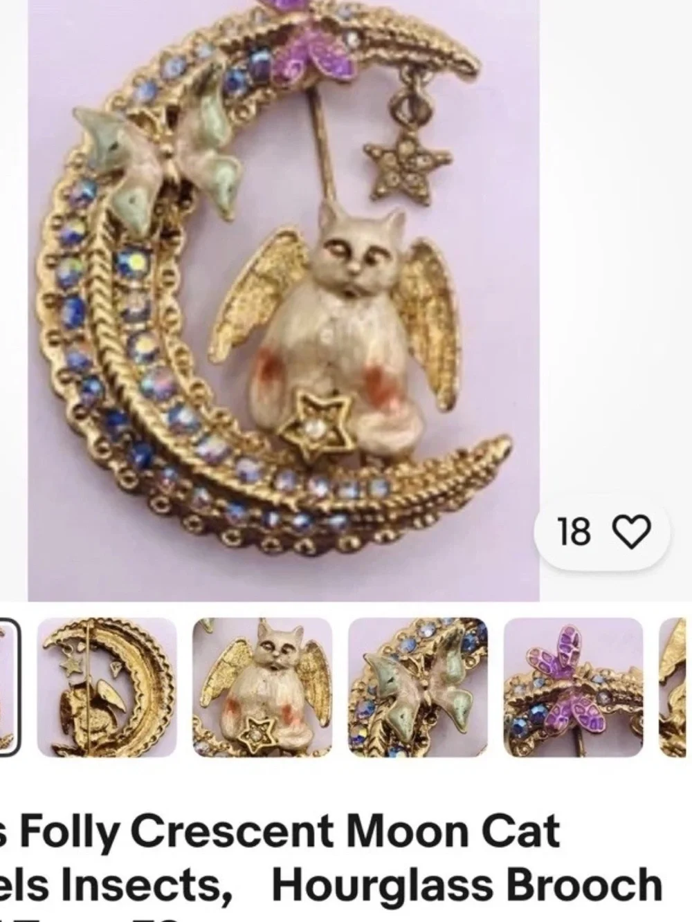 Kirk's Folly Crescent Moon, cat Angels hourglass, brooch, gold toned vintage